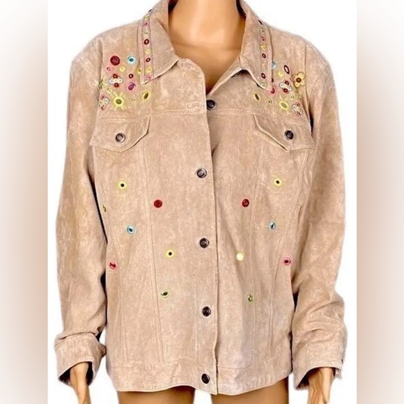 Chico's Jackets & Blazers - CHICO's Chicos Tan Suede Leather Jean Style Jacket  Boho Embroidery Accent 3 XL